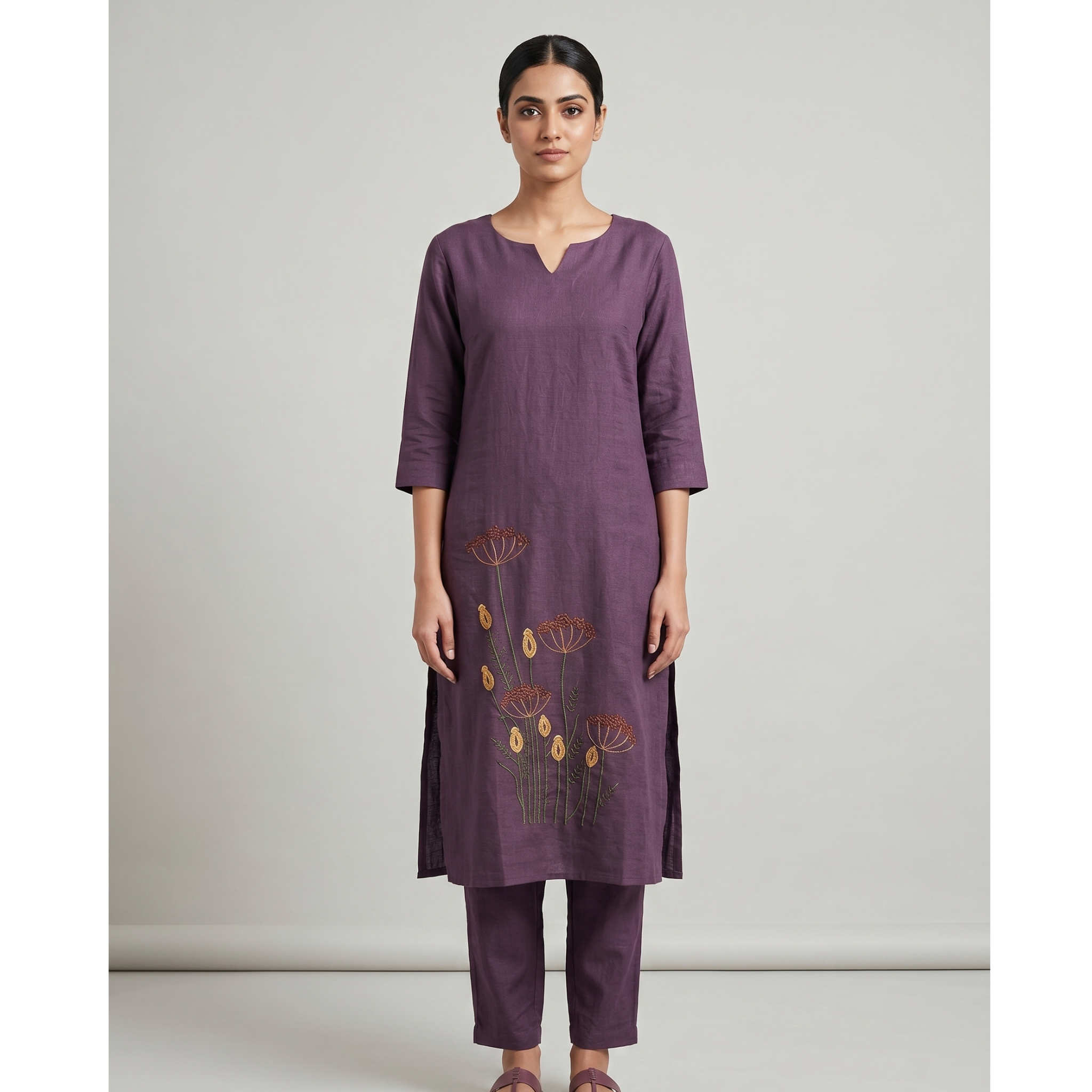 Women's A-Line Kurta Set with Inner Lining – Crushed Nylon Beadwork in Grape Purple & Light Blue