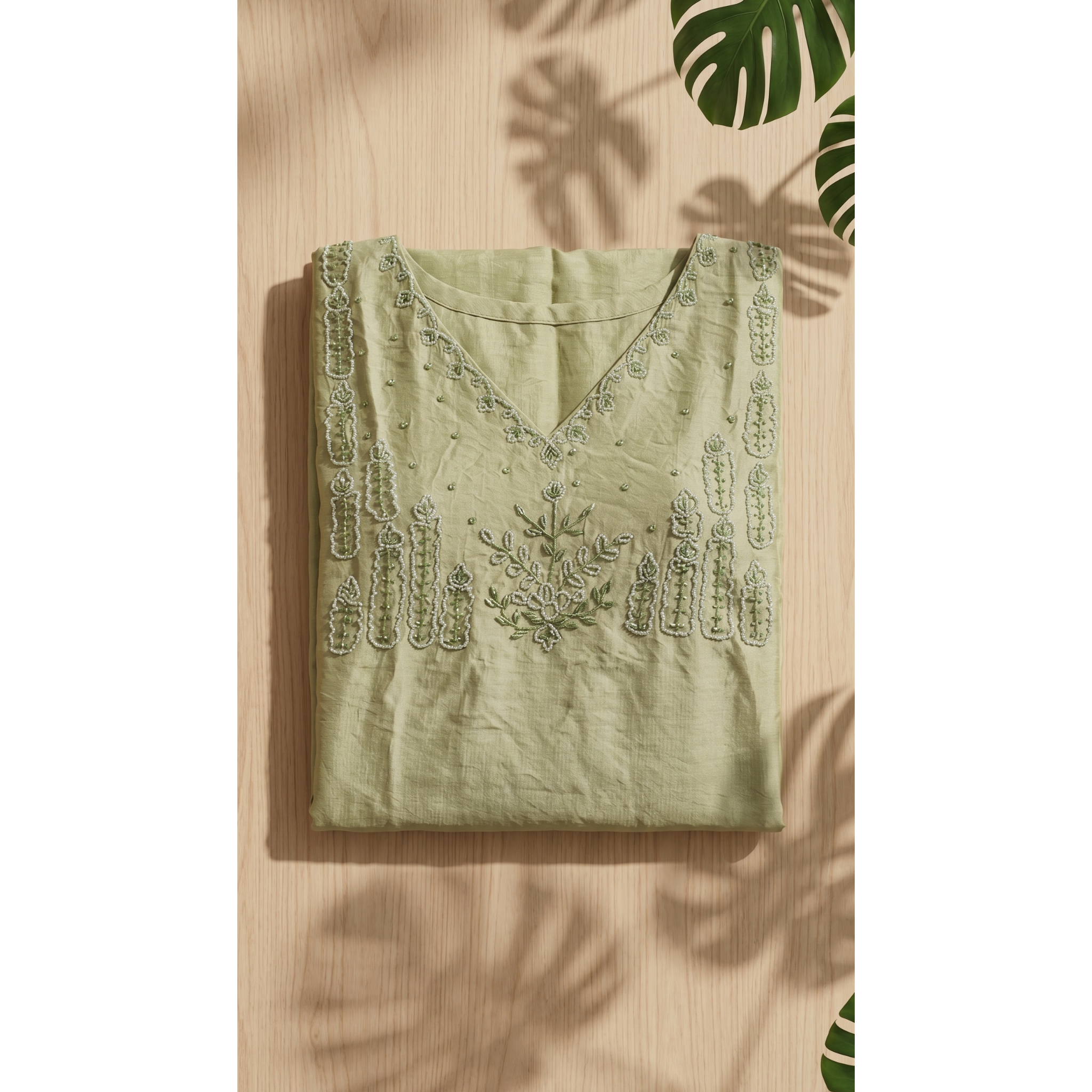 Women’s A-Line Kurti in Crushed Nylon with Bead Handwork and Lining