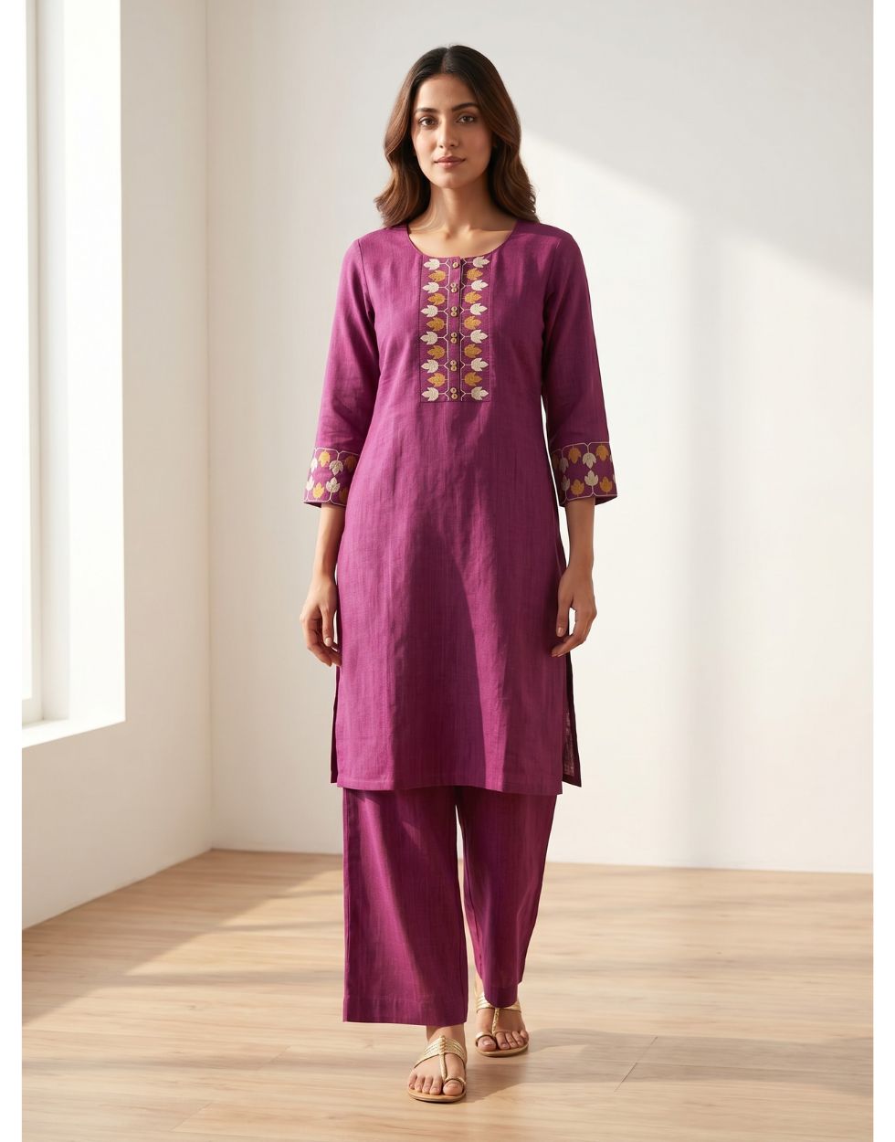 Anvita Plum Purple Cotton Slub Kurta – Embroidered Leaf Yoke Coord Set