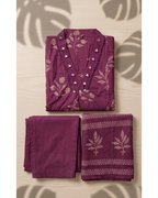 Mauve Purple Cotton A-Line Kurta Set with Dupatta – Floral Digital Print & Mirror-Work Yoke