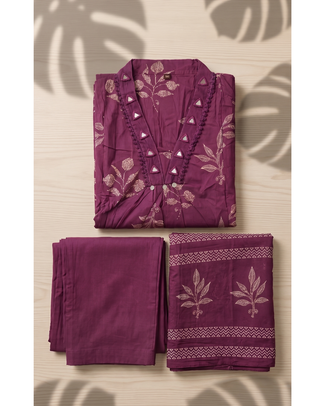 Mauve Purple Cotton A-Line Kurta Set with Dupatta – Floral Digital Print & Mirror-Work Yoke
