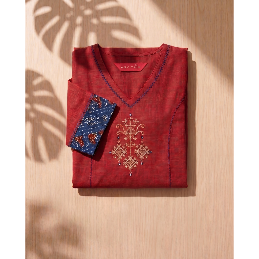 Anvita Crimson Red Pure Cotton Straight Kurta – Floral Digital Print & Contrast Cuffs