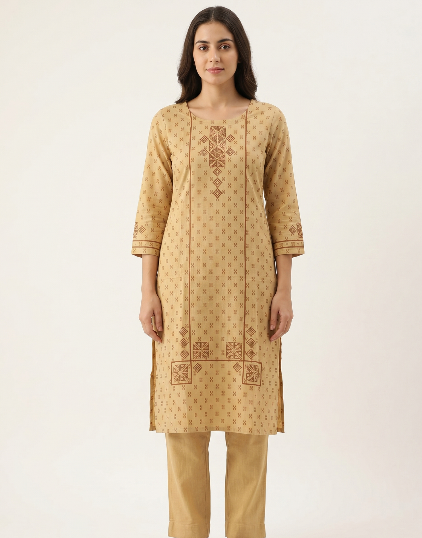 Anvita Mustard Yellow Pure Cotton Co-ord Set – Geometric Print Straight Kurta with Trousers