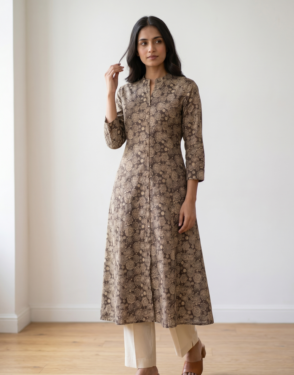 Anvita Brown Floral Print A-Line Kurta – Elegant Mandarin Collar Ethnic Daily Wear