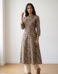 Anvita Brown Floral Print A-Line Kurta – Elegant Mandarin Collar Ethnic Daily Wear