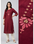 Anvita Ruby Red Pure Cotton Straight Kurta – Minimalist Embroidered Yoke & 3/4 Sleeves