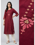 Anvita Ruby Red Pure Cotton Straight Kurta – Minimalist Embroidered Yoke & 3/4 Sleeves