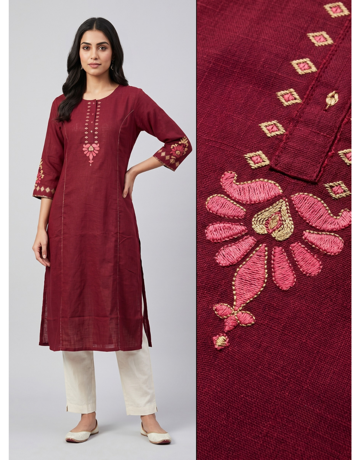 Anvita Ruby Red Pure Cotton Straight Kurta – Minimalist Embroidered Yoke & 3/4 Sleeves