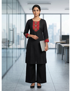 Anvita Black Pure Cotton Coord Set with 3/4 Sleeve & Printed Maroon Detailing on Yoke & Sleeve