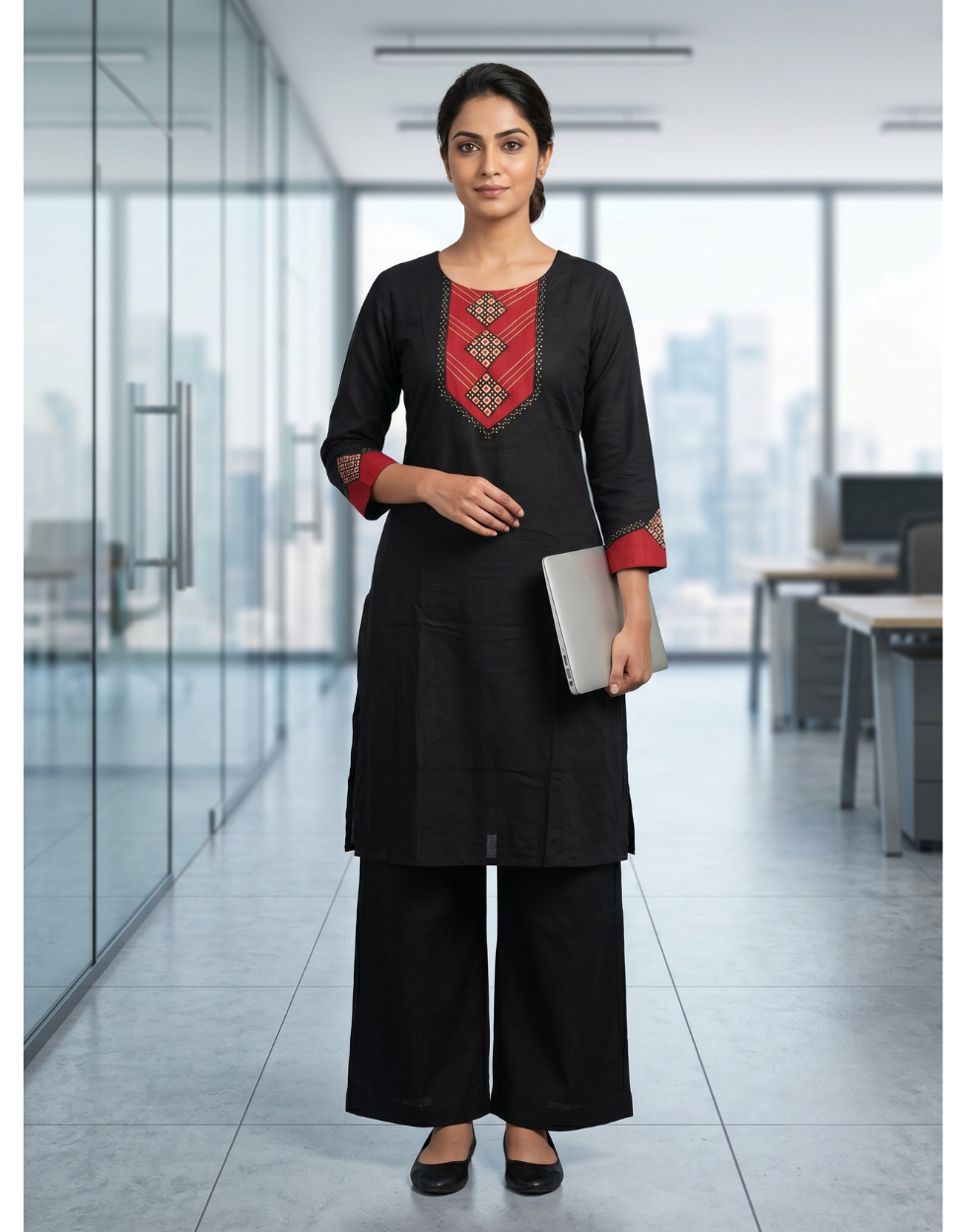 Anvita Black Pure Cotton Coord Set with 3/4 Sleeve & Printed Maroon Detailing on Yoke & Sleeve