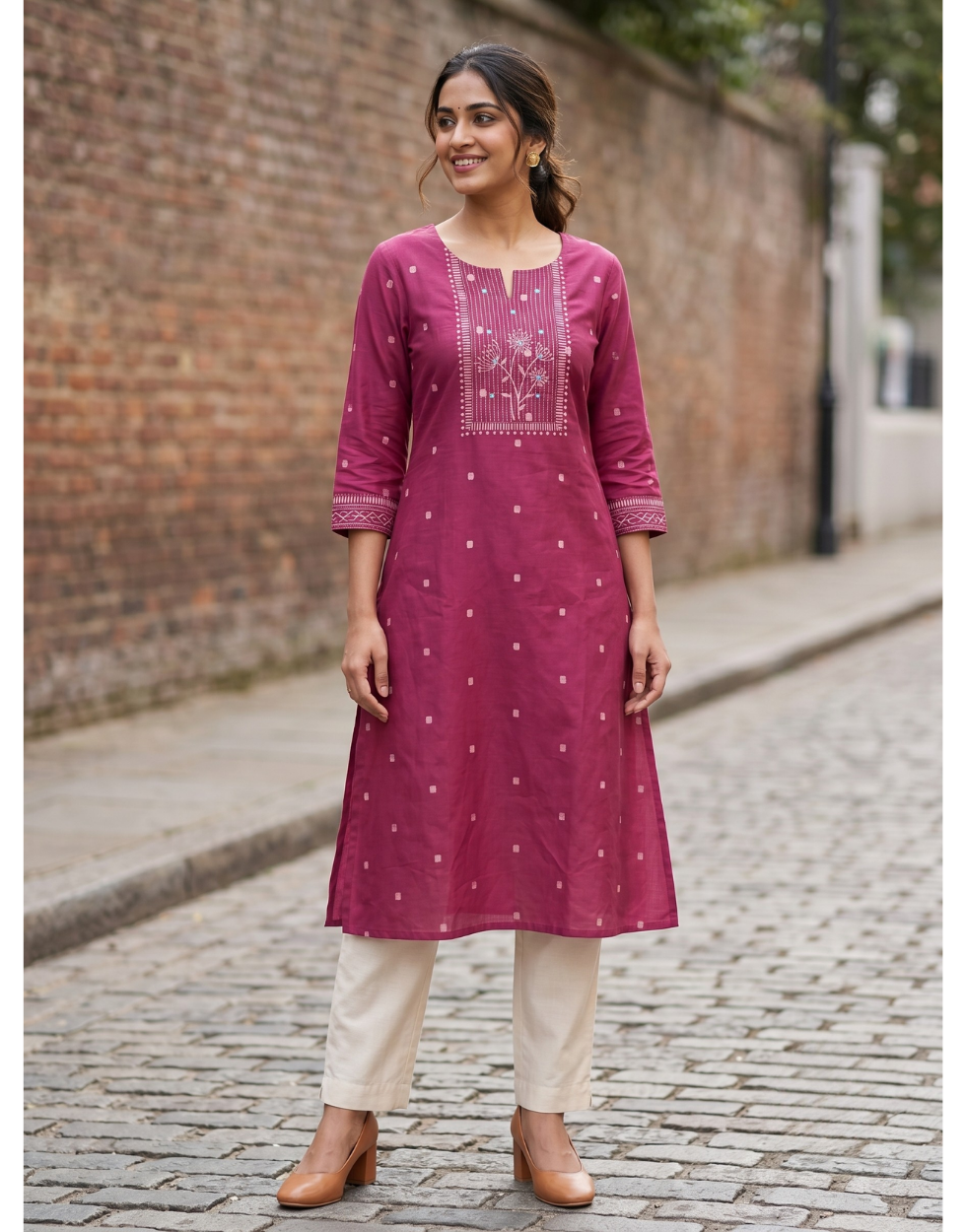 Anvita Dark Pink Cotton Slub Kurta – Elegant Printed Yoke & Delicate Butti Motifs
