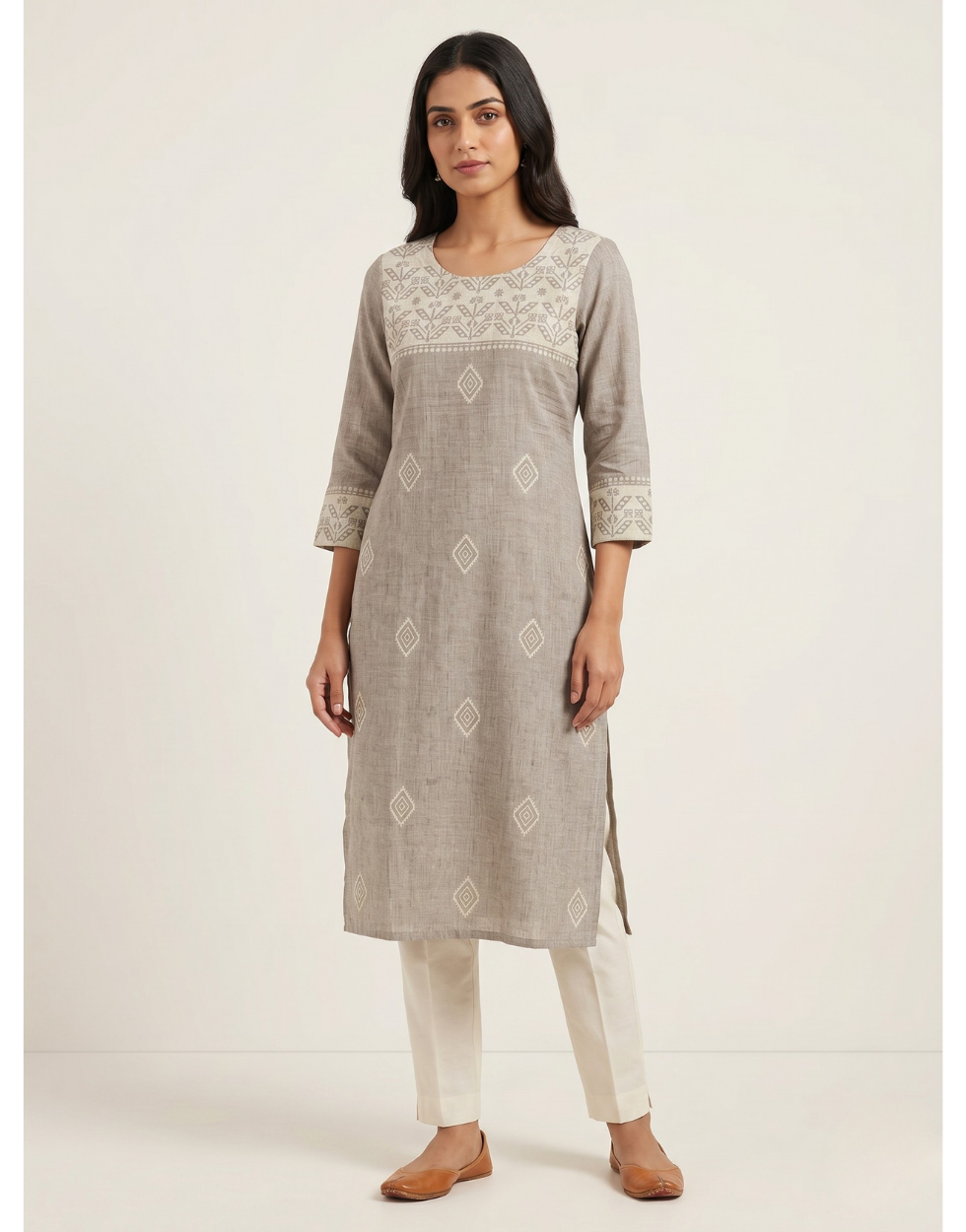 Anvita Ash Cotton Slub Kurta – Embroidered Yoke & Delicate Diamond Motif – Minimalist Chic