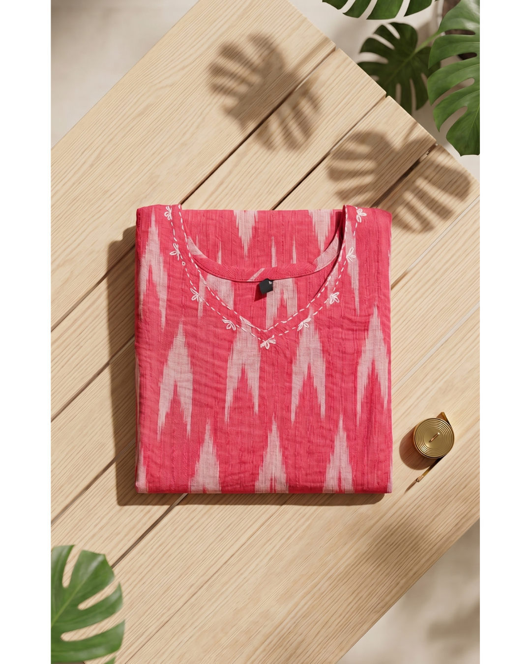 Coral Red Cotton Short Kurti – Ikat Digital Print & V-Neck