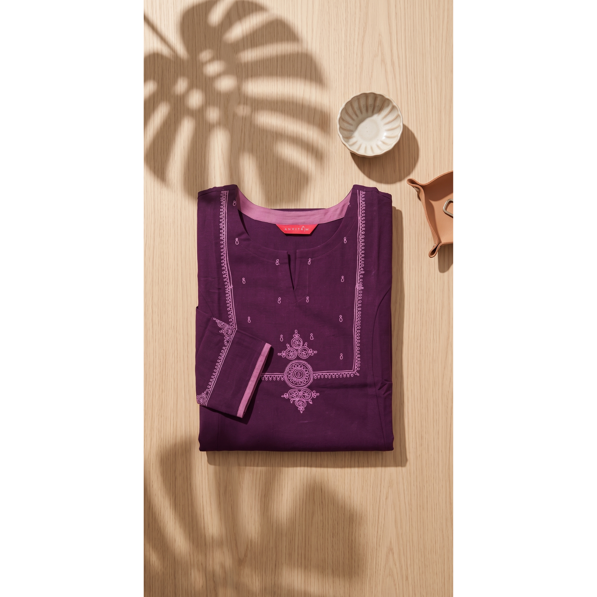 Anvita Plum Purple Pure Cotton Straight Kurta – Mandalic Digital Print & V-Split Neck