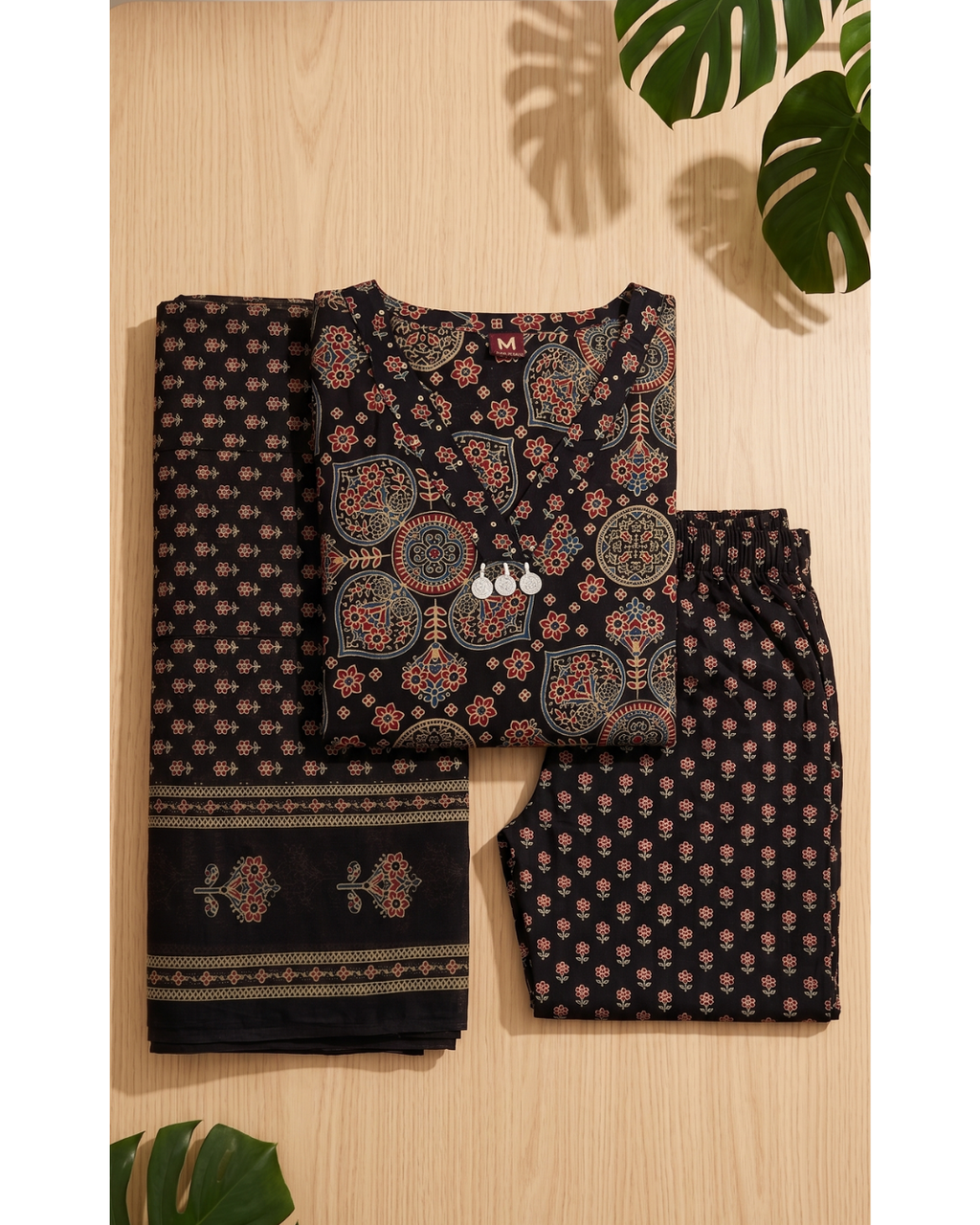 Charcoal Black Cotton Kurta Trousers Set with Dupatta – Allover Ajrakh Digital Print