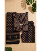 Charcoal Black Cotton Kurta Trousers Set with Dupatta – Allover Ajrakh Digital Print