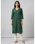 Anvita Emerald Green Cotton Slub Kurta – Asymmetric Floral Print – Chic Casual Wear