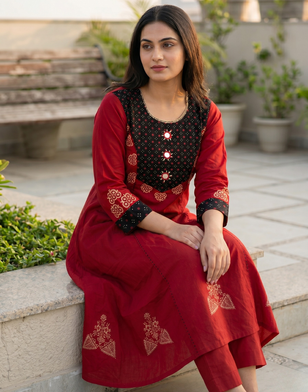 Crimson Red Cotton Straight Kurta Palazzo Set – Contrast Yoke & Mirror-Work Digital Print