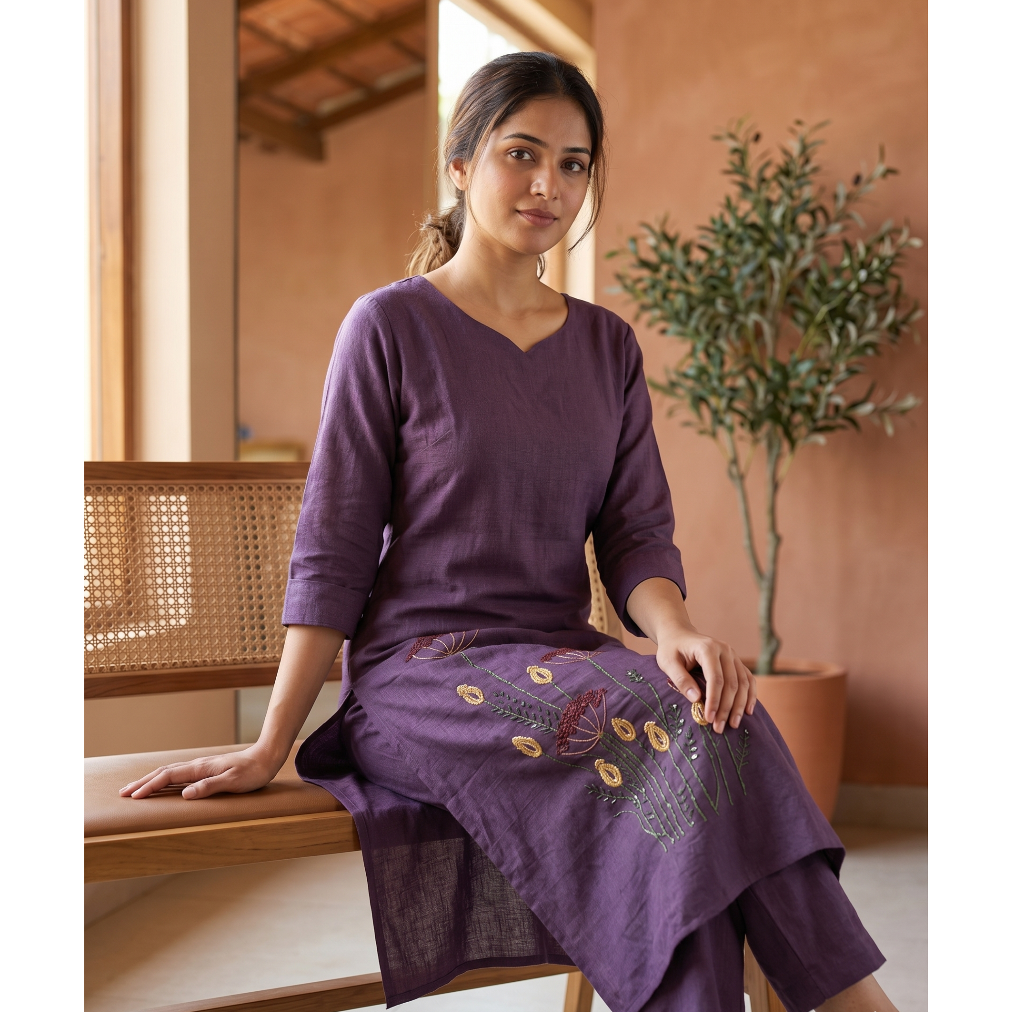 Women's A-Line Kurta Set with Inner Lining – Crushed Nylon Beadwork in Grape Purple & Light Blue
