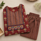 Revanta Maroon Printed Cotton Kurta & Pant Set with Embroidery and Glasswork on Yoke