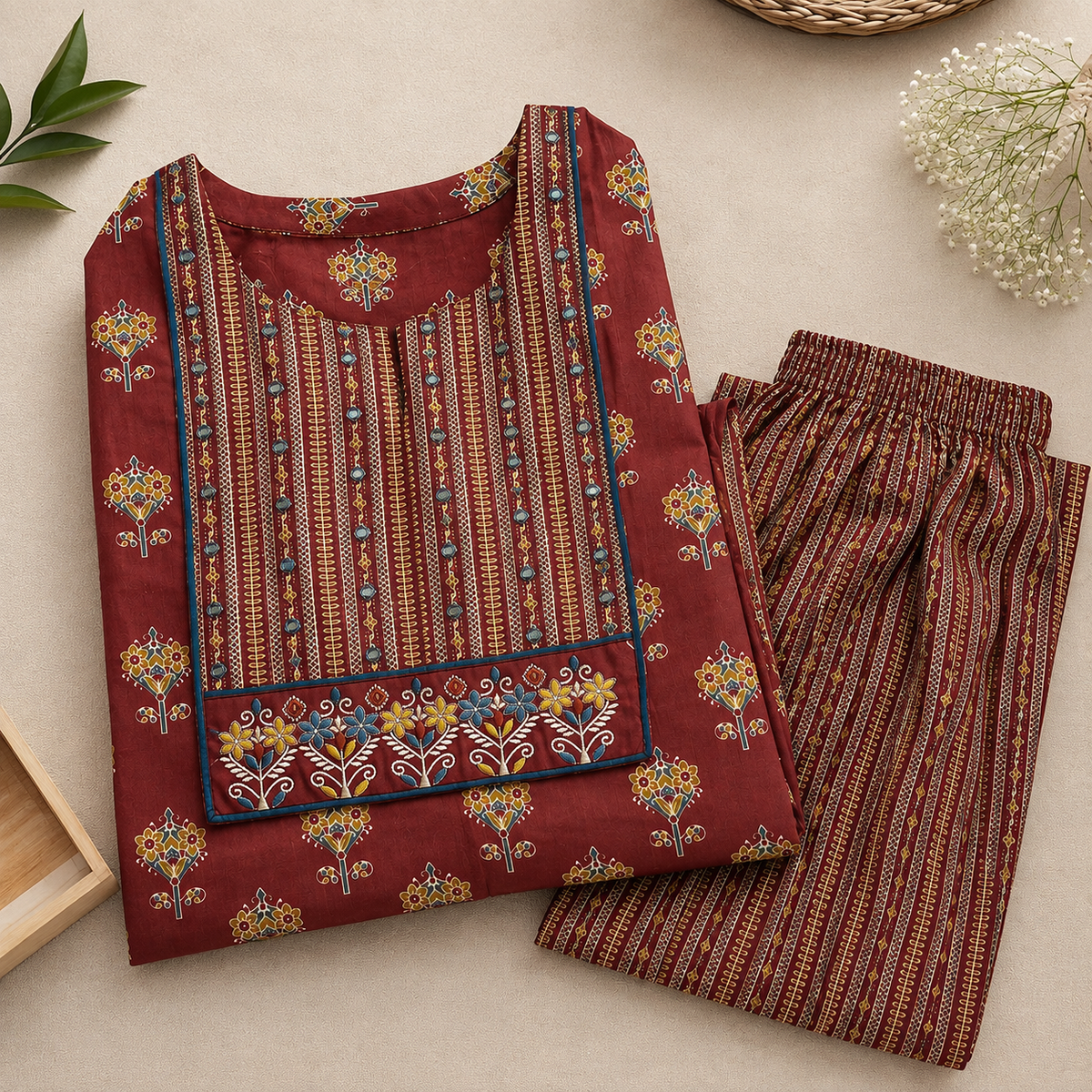 Revanta Maroon Printed Cotton Kurta & Pant Set with Embroidery and Glasswork on Yoke