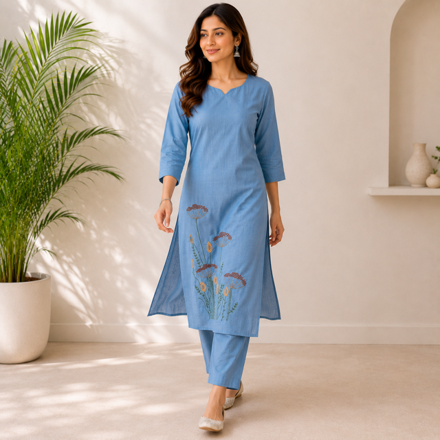 Women's A-Line Kurta Set with Inner Lining – Crushed Nylon Beadwork in Grape Purple & Light Blue