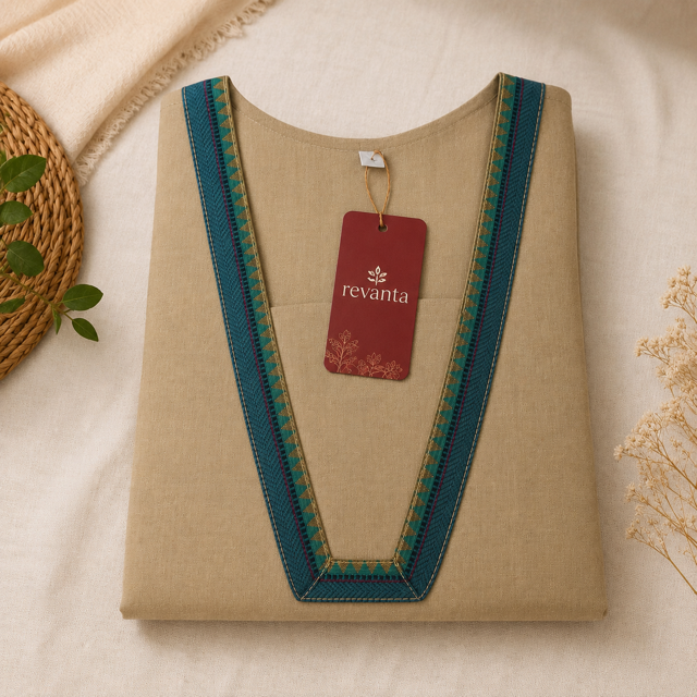Revanta Sandal Handloom Cotton Kurta – Jacquard Patti Neck Detail & Inner Lining– Elegant Ethnic Wear