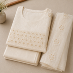 Revanta Cream Muslin Silk 3-Piece Suit – Embroidered & Sequined Yoke with Scallop Cutwork Dupatta – Elegant Festive Wear