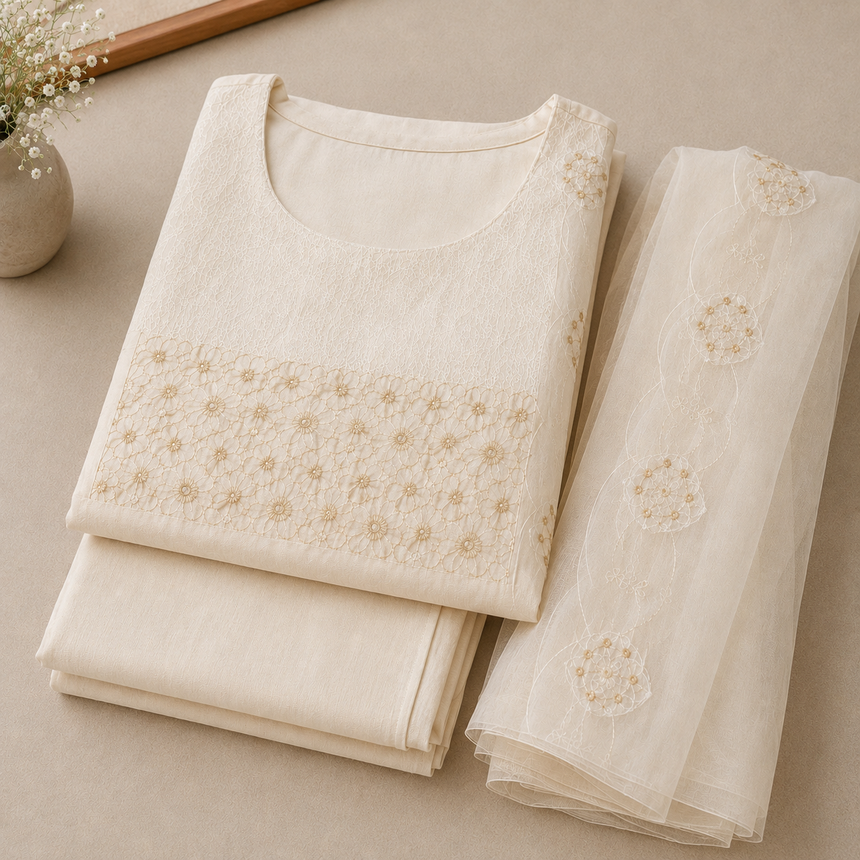 Revanta Cream Muslin Silk 3-Piece Suit – Embroidered & Sequined Yoke with Scallop Cutwork Dupatta – Elegant Festive Wear