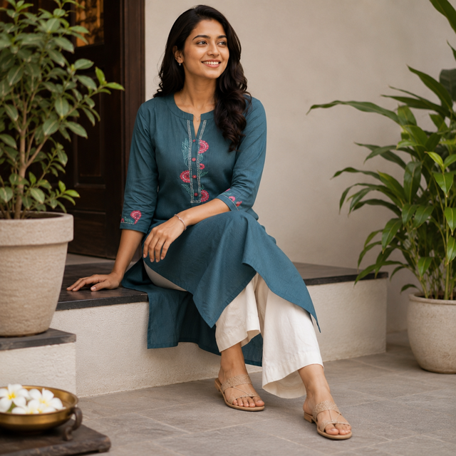 Anvita Greyish Blue Chinese Collar Straight Cotton Kurta with Embroidery on Yoke & Sleeves