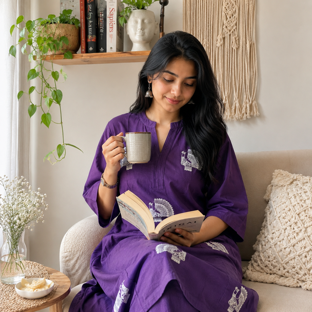 Deep Purple Cotton Kurta & Palazzo Set – Artistic Peacock Motif Detail – Elegant Ethnic Ensemble