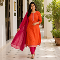 Revanta Orange & Magenta Cotton Kurta Pant Set with One-Sided Dupatta