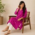 Revanta Magenta Cotton Kurta – White Dotted Print & Structured V-Neck Detail – Smart Casual Ethnic Wear