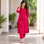 Anvita ( Celebrations) Magenta Cotton Silk Coord Set with Golden Thread Embroidery