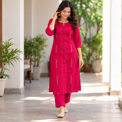 Anvita ( Celebrations) Magenta Cotton Silk Coord Set with Golden Thread Embroidery