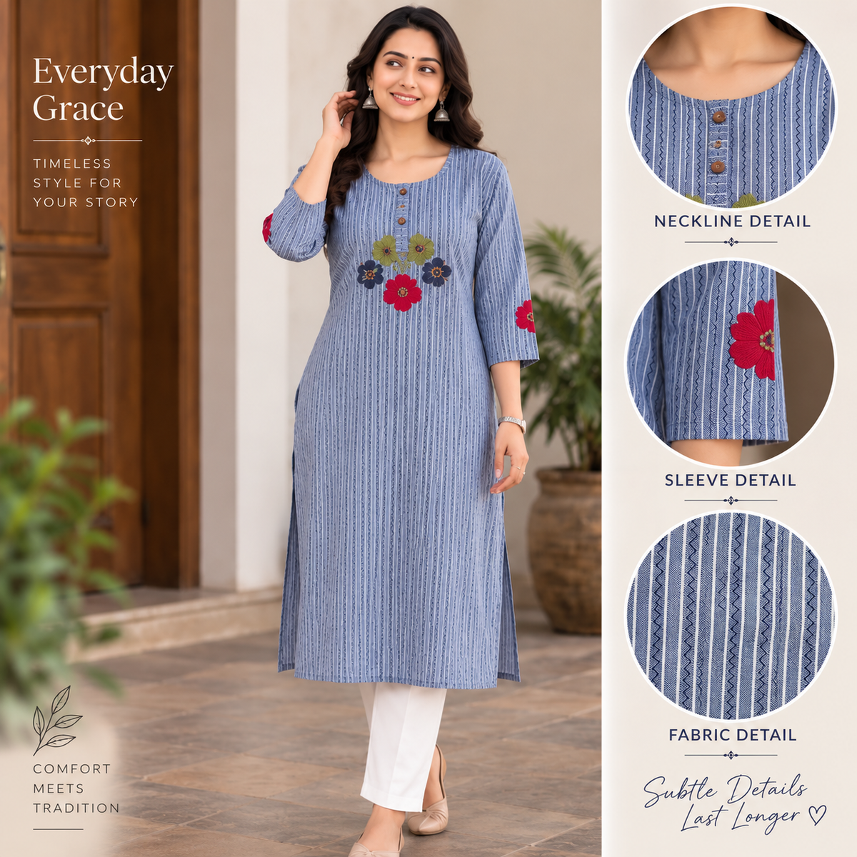 Anvita Blue Striped Kurta with Floral Appliqué Embroidery