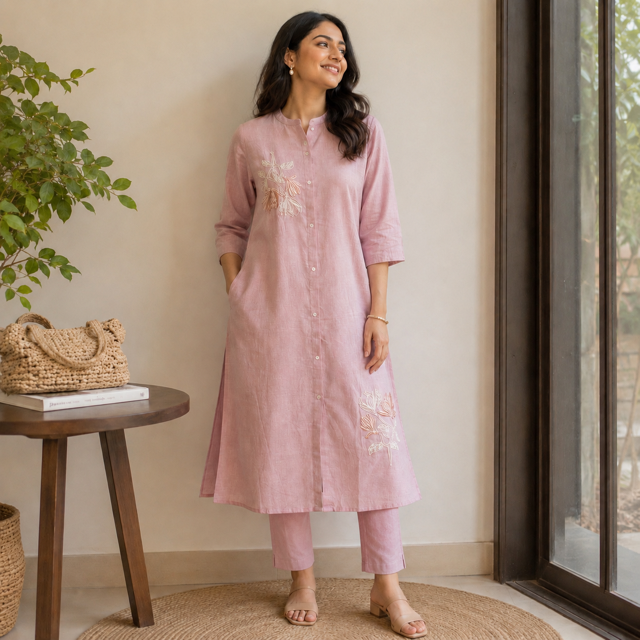 Revanta Rayon Dusty Pink A-Line Co-ord Set with Pocket – Mandarin Collar & Stylish Front Slit – Chic Ethnic Wear