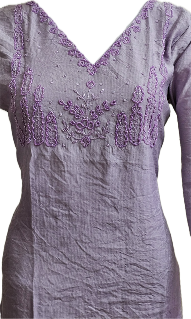 Women’s A-Line Kurti in Crushed Nylon with Bead Handwork and Lining- Lavender Grey