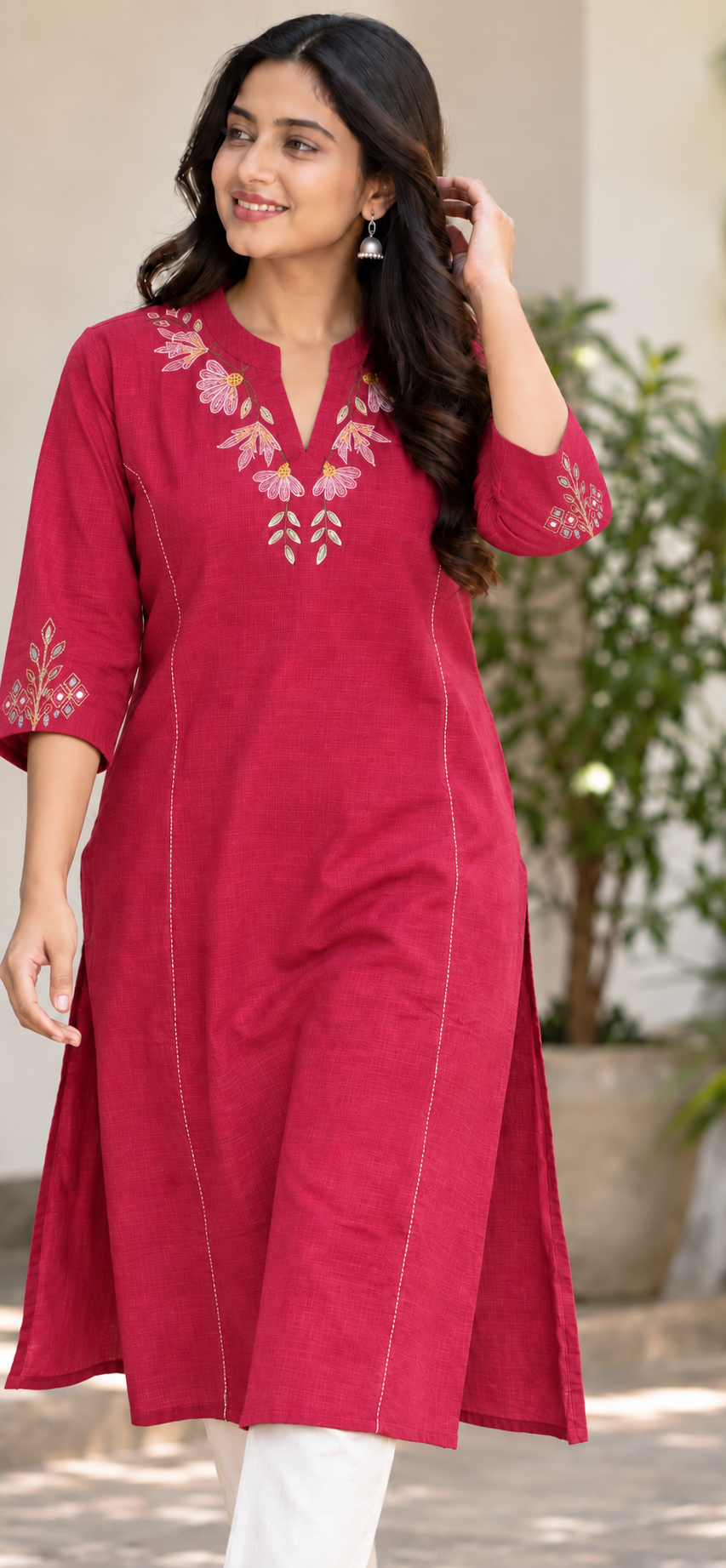 Anvita Maroon Cotton Kurta  | Floral Embroidery & Glass Work Sleeves