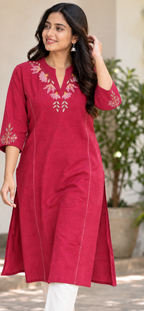 Anvita Maroon Cotton Kurta  | Floral Embroidery & Glass Work Sleeves