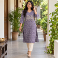 Anvita Purple Striped Cotton Kurta with Floral Yoke Embroidery & 3/4 Sleeves