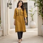 Revanta Mustard Gold Cotton Blend Kurta with Foil Print & Glass Work