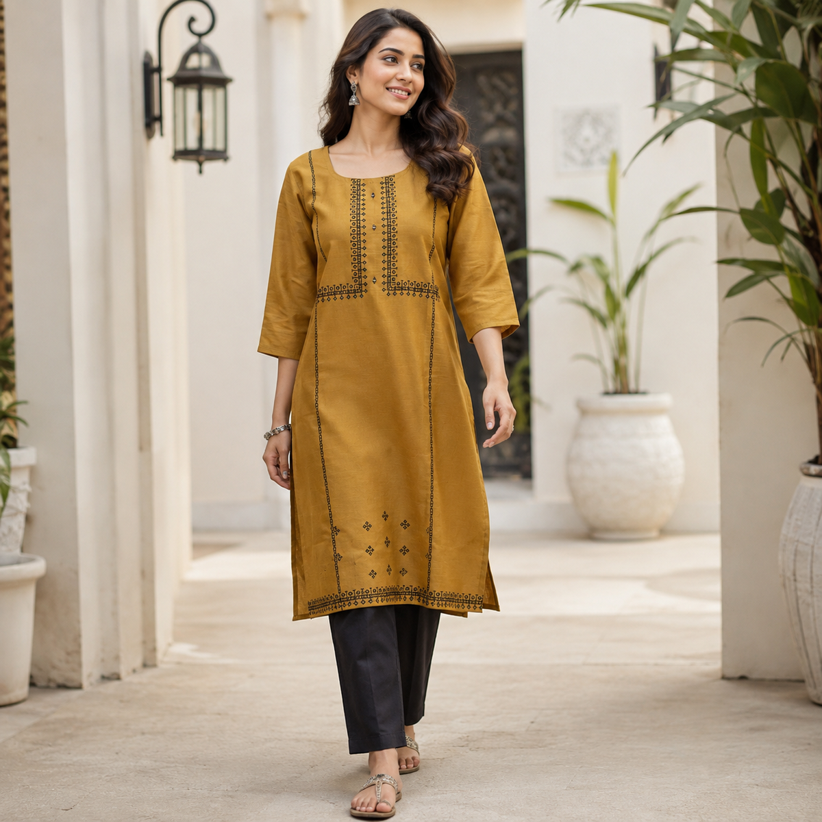Revanta Mustard Gold Cotton Blend Kurta with Foil Print & Glass Work