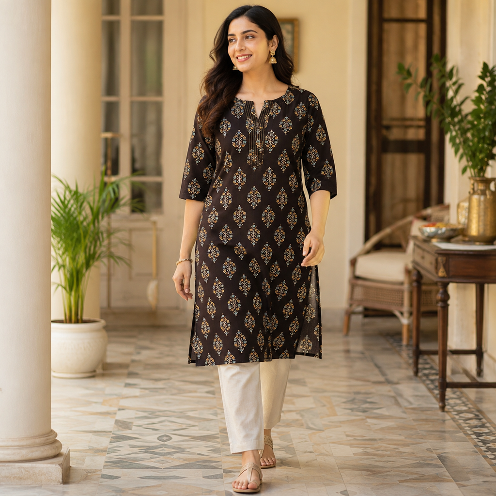 Revanta Chocolate Brown Printed Cotton Kurta with Pintuck Neck Detail