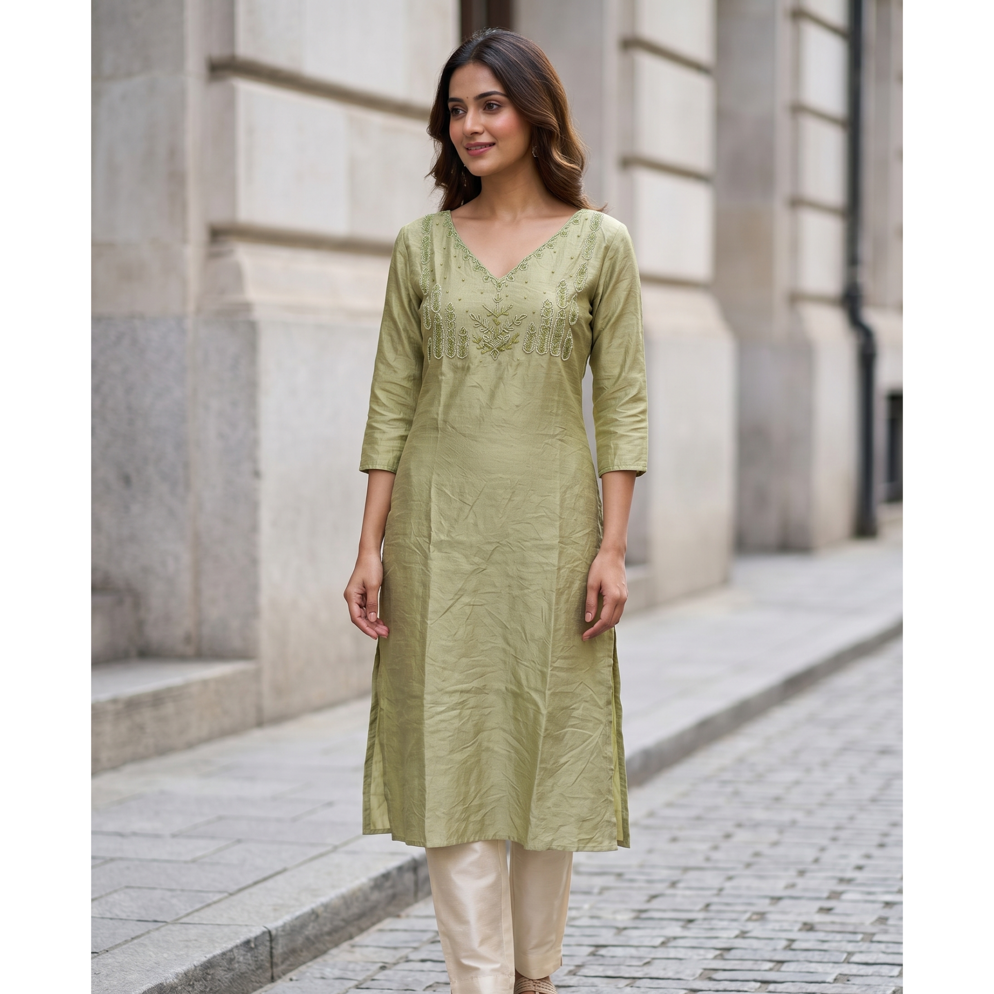 Women’s A-Line Kurti in Crushed Nylon with Bead Handwork and Lining-Green
