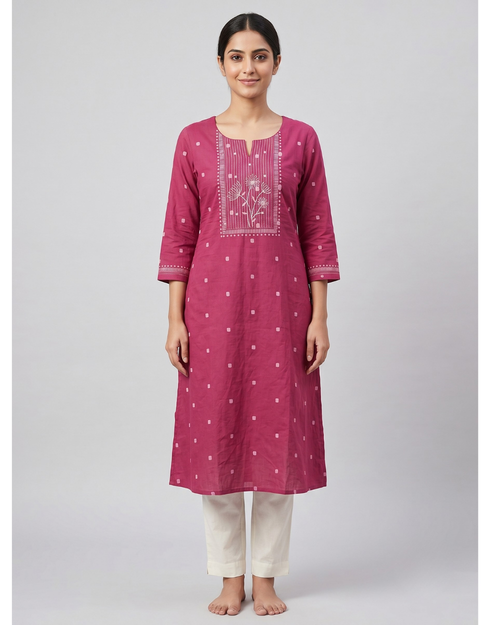 Anvita Dark Pink Cotton Slub Kurta – Elegant Printed Yoke & Delicate Butti Motifs