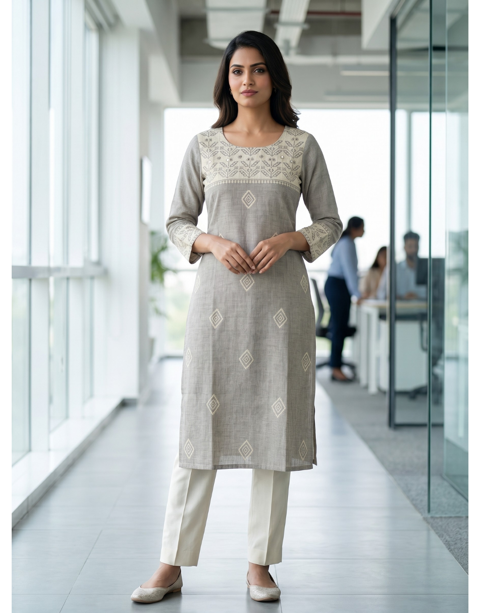 Anvita Ash Cotton Slub Kurta – Embroidered Yoke & Delicate Diamond Motif – Minimalist Chic