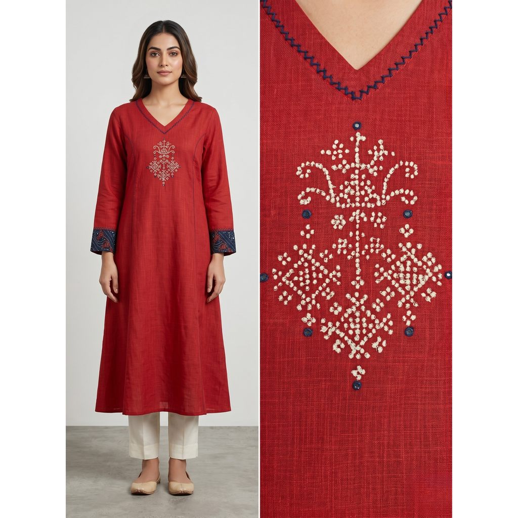 Anvita Crimson Red Pure Cotton Straight Kurta – Floral Digital Print & Contrast Cuffs