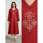 Anvita Crimson Red Pure Cotton Straight Kurta – Floral Digital Print & Contrast Cuffs