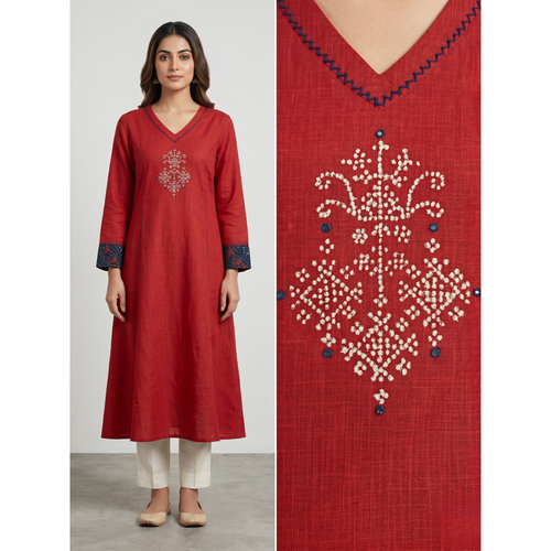 Anvita Crimson Red Pure Cotton Straight Kurta – Floral Digital Print & Contrast Cuffs